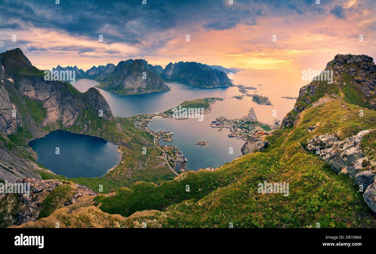 Norway. View from Reinebringen at Lofoten Islands, located in Norway, during summer sunrise. Stock Photo