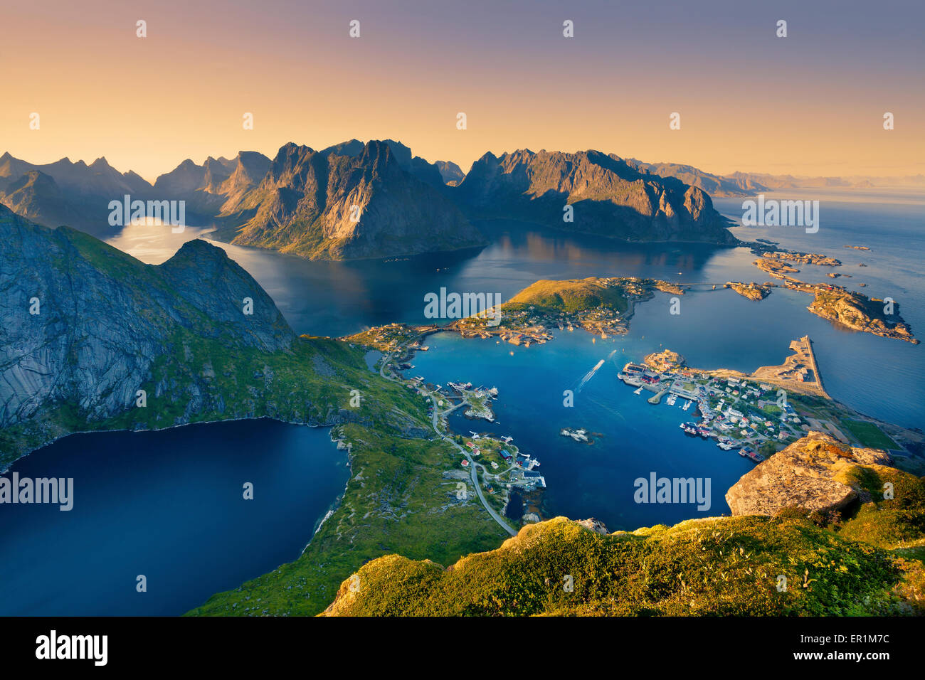 Lofoten Islands. View from Reinebringen at Lofoten Islands, located in Norway, during summer sunset. Stock Photo