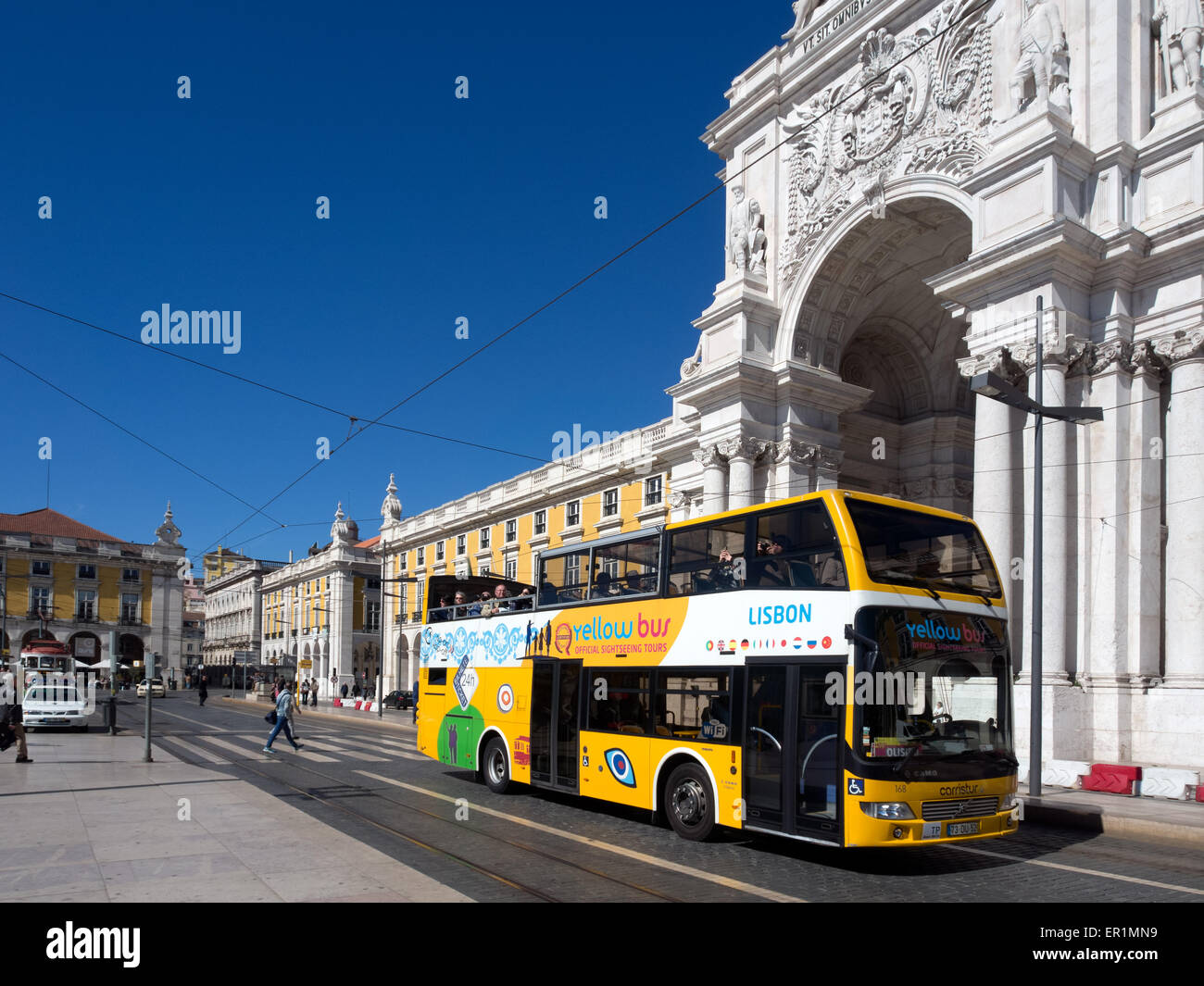 Yellow bus City tour bus in Lisbon. Stock Photo