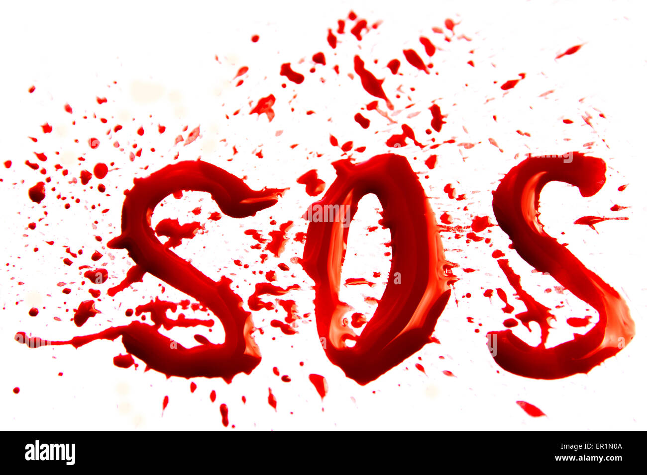 Bloody word SOS with splatter, droplets, stains isolated on white background Stock Photo