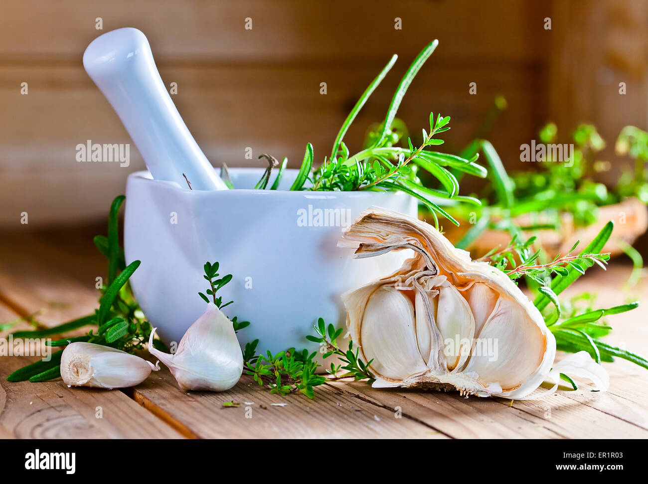 garlic and  ceramic mortar with green spices Stock Photo