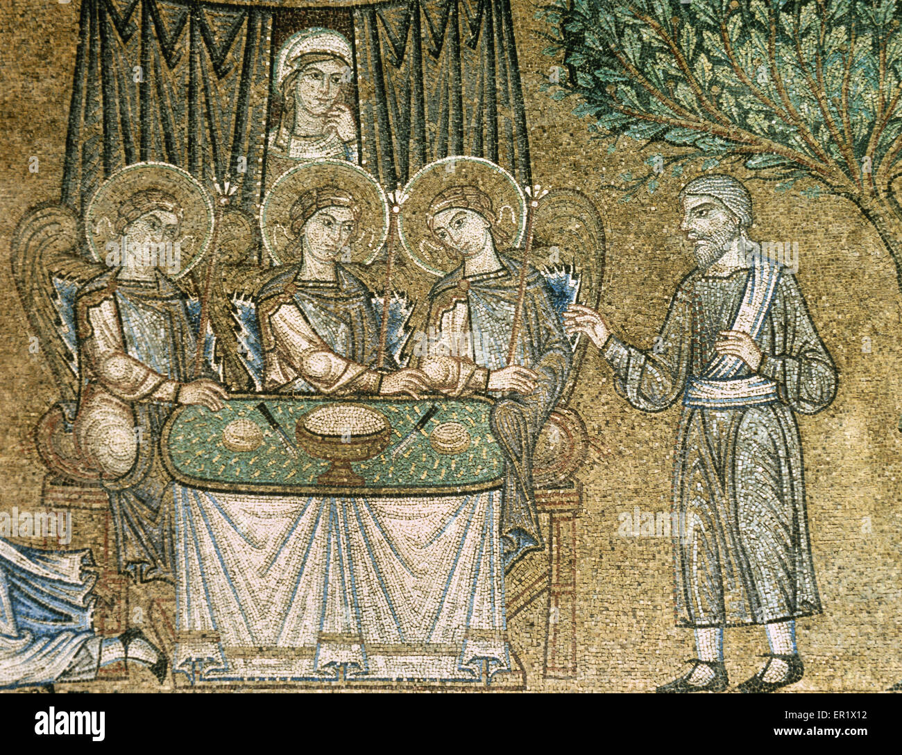 Three angels hosted by Abraham. Bible scene. Mosaic, 13th c. Atrium. St. Mark's Basilica. Venice. Italy. Stock Photo