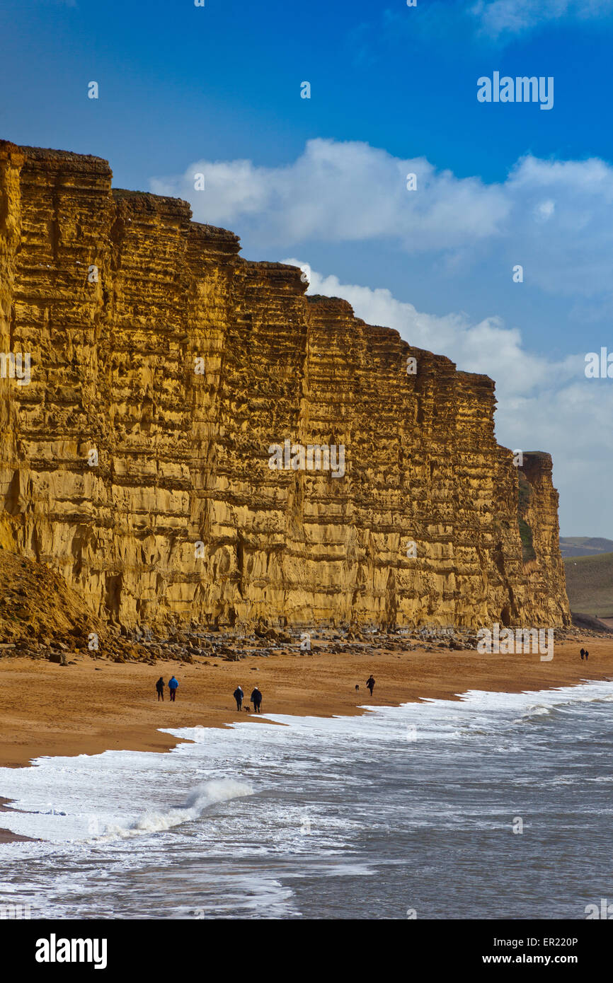 Walkers on the beach below the distinctive banded sandstone strata of East Cliff on the Jurassic