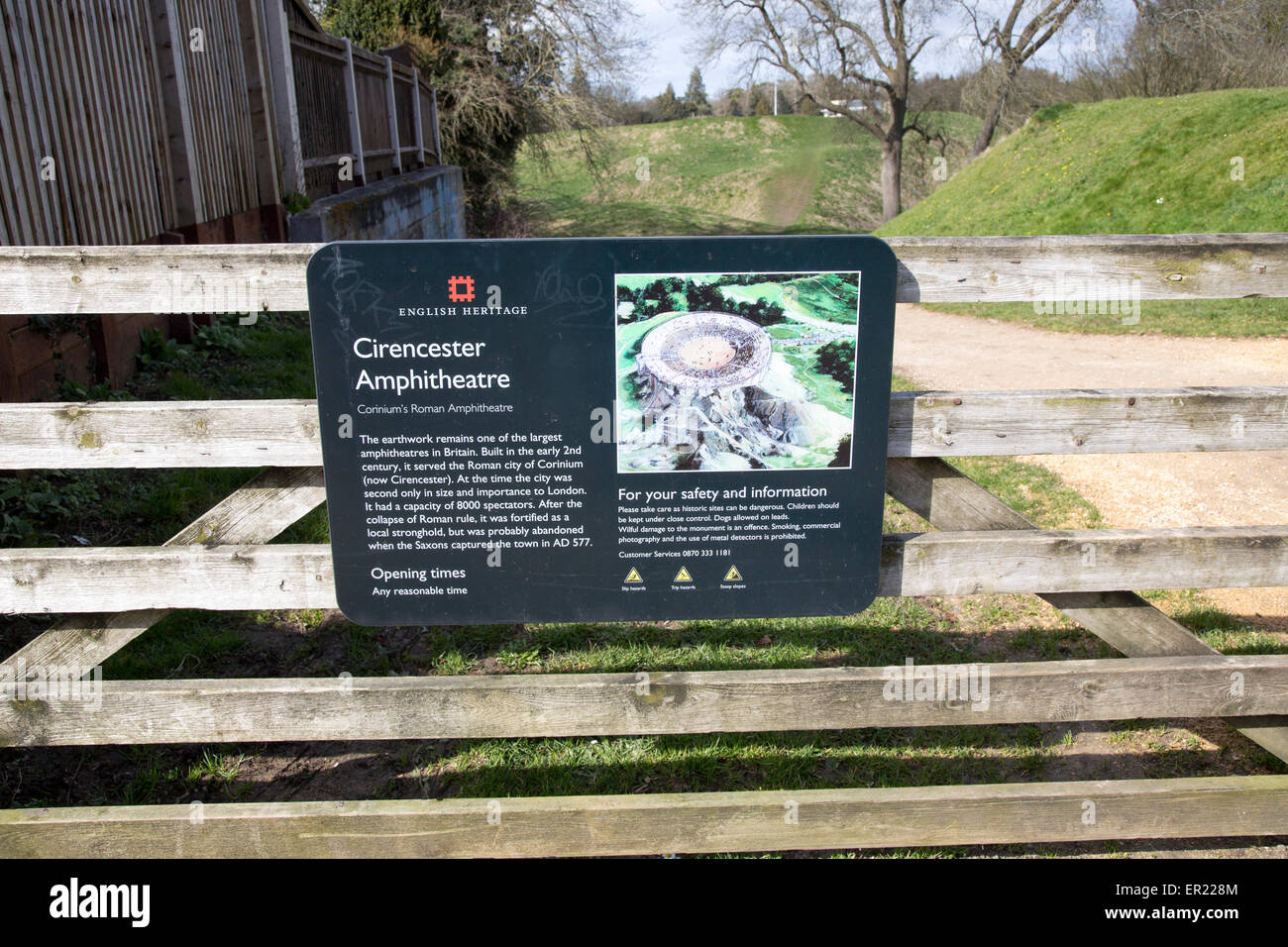 Roman amphitheatre sign, Cirencester, Gloucestershire, England, UK Stock Photo