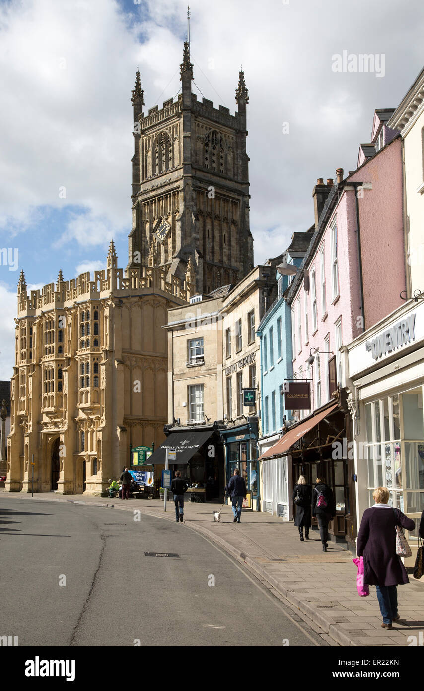 Church and historic buildings in town centre, Cirencester, Gloucestershire, England, UK, Stock Photo