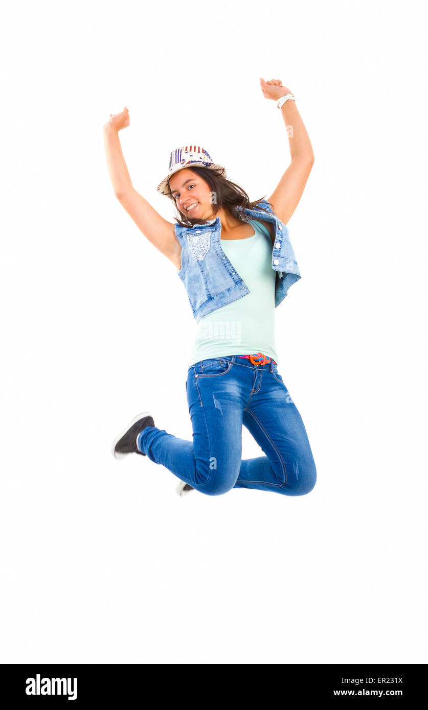 Beautiful teen girl jumping. Stock Photo