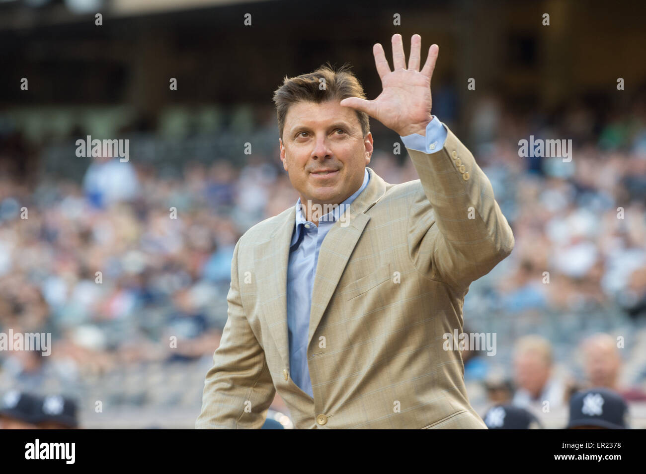 Bronx, New York, USA. 24th May, 2015. TINO MARTINEZ acknowledges the crowd during the Bernie Williams Monument unveiling prior to the NY Yankees vs. Texas Rangers, Yankee Stadium, Sunday May 24, 2015. Credit:  Bryan Smith/ZUMA Wire/Alamy Live News Stock Photo