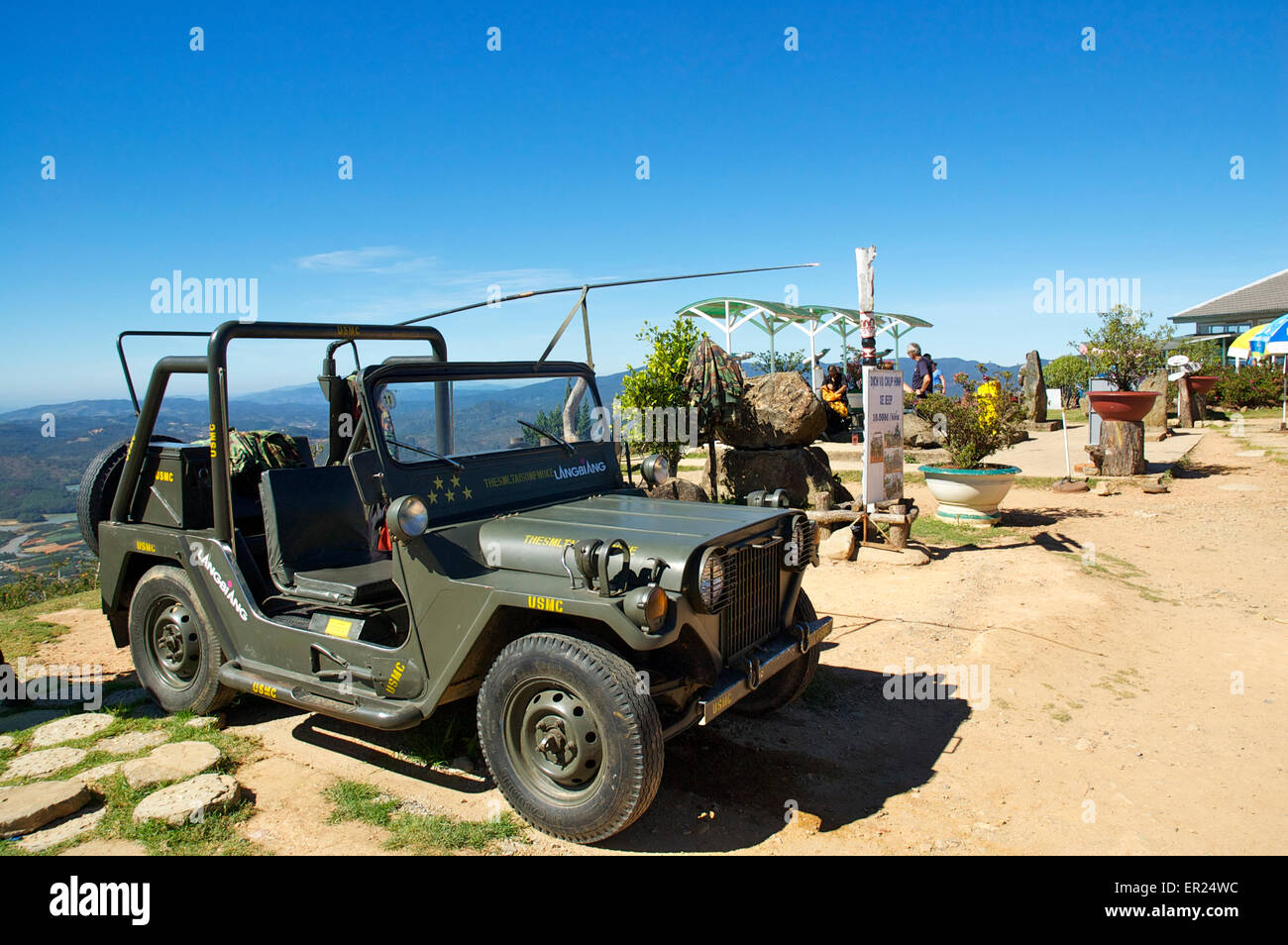 A restored US Marine Corps Jeep parked on Radar Top, Langbiang mountains, near Da Lat, Vietnam Stock Photo