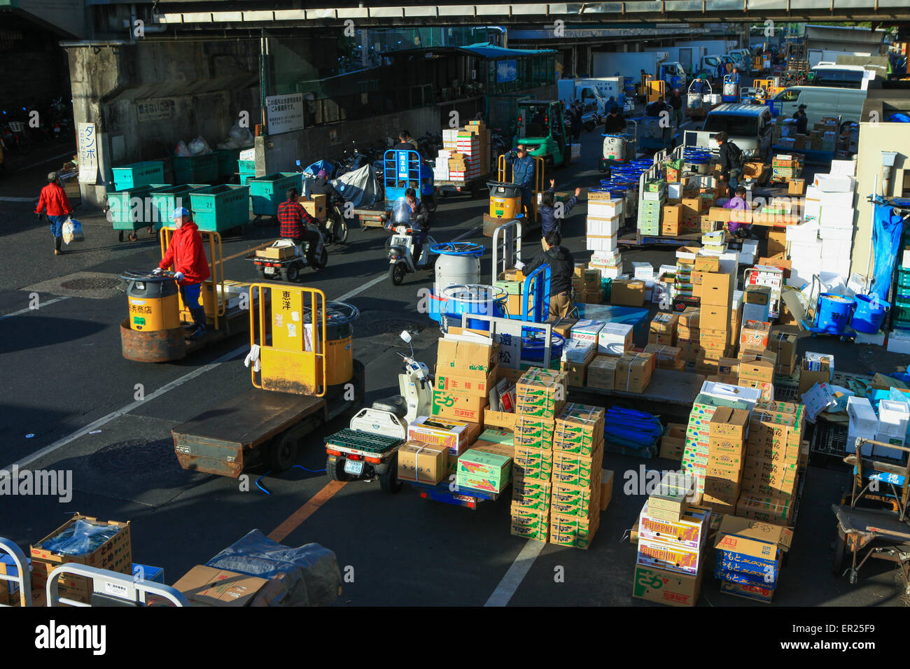 Workers at Famous Tsukiji fish market operational area. Tsukiji is the biggest fish market in the world. Stock Photo