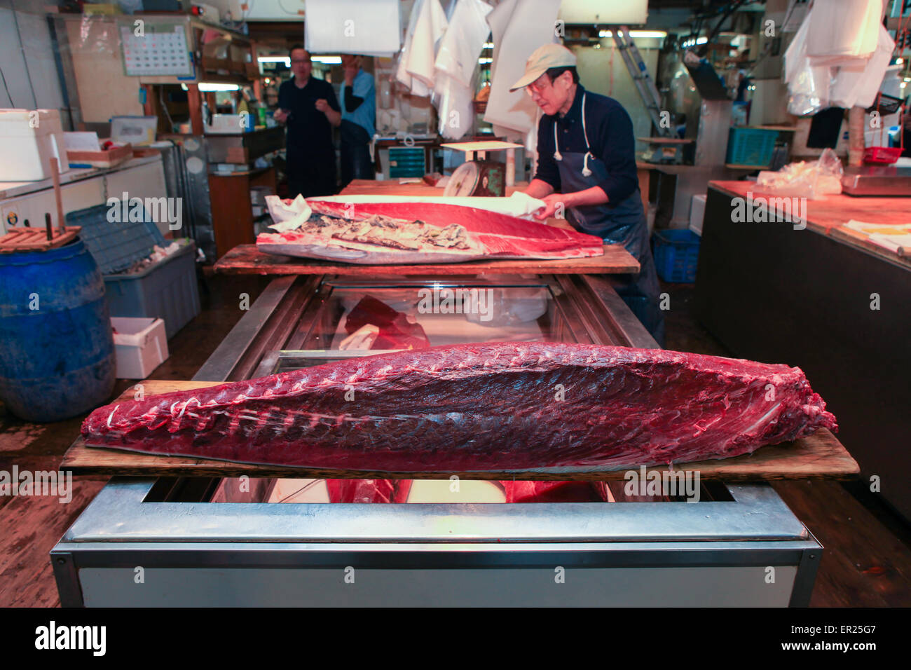 Famous Tsukiji fish market shops. Tsukiji is the biggest fish market in