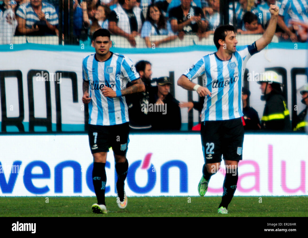 Buenos Aires, Argentina. 24th May, 2015. Racing´s player Diego Milito (L) and Gustavo Bou (R) during the match for Argentinian Tournament First Division in Juan Domingo Perón stadium of Avellaneda. Credit:  Néstor J. Beremblum/Alamy Live News Stock Photo
