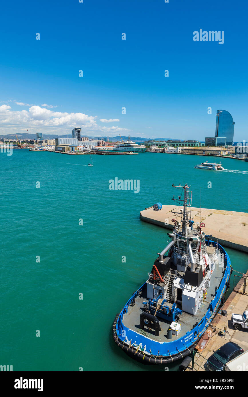 Port of Barcelona with the hotel W in the background in Catalonia, Spain Stock Photo