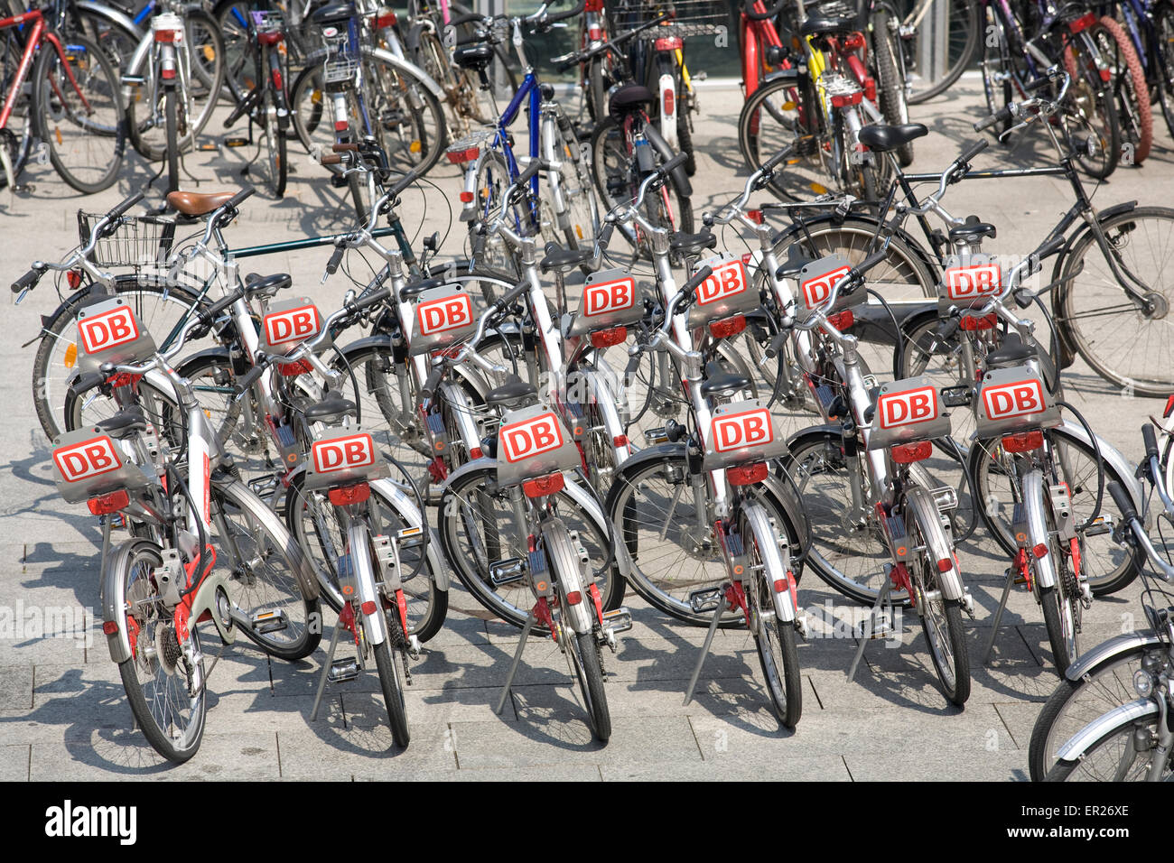 Europe, Germany, Cologne, bicycles to rent in front of the main station, call a bike.  Europa, Deutschland, Koeln, Mietfahrraede Stock Photo