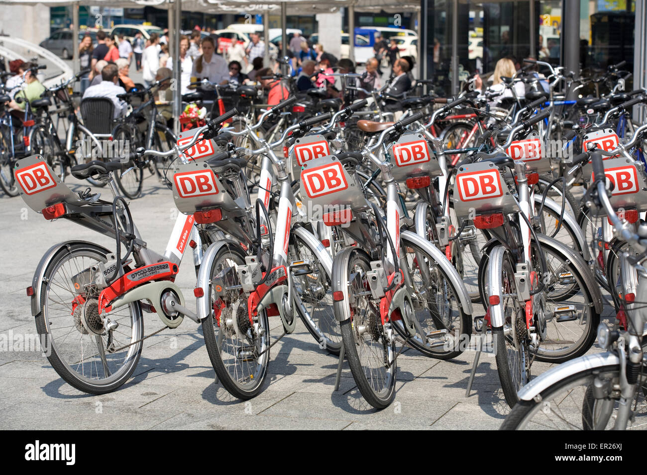 Europe, Germany, Cologne, bicycles to rent in front of the main station, call a bike.  Europa, Deutschland, Koeln, Mietfahrraede Stock Photo