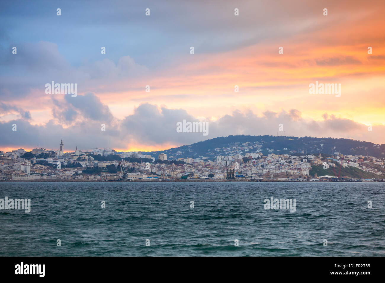 Bright sunset sky over Tangier city, Morocco, Africa Stock Photo
