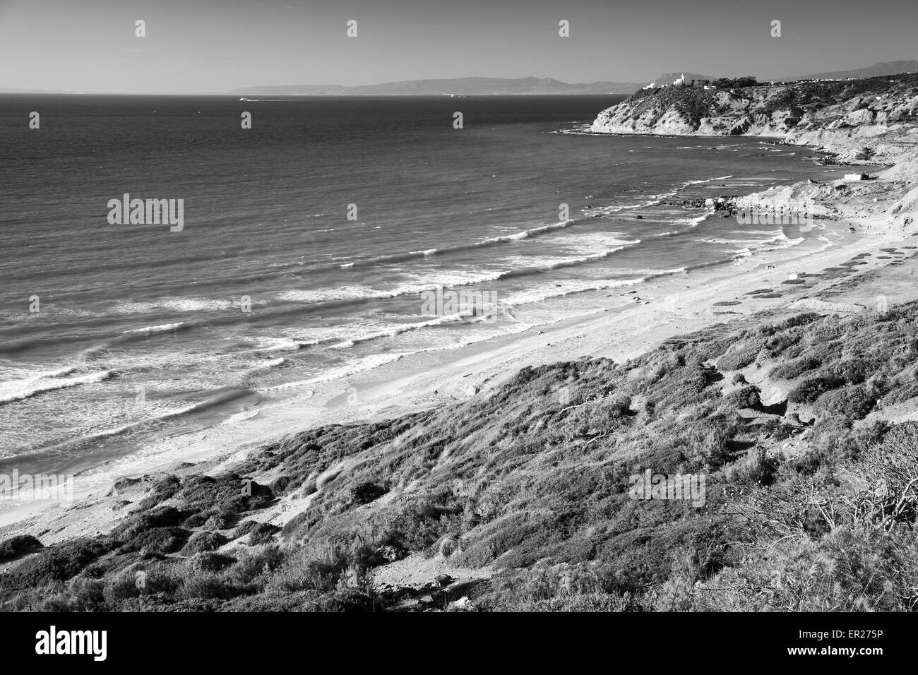 Atlantic Ocean monochrome coastal landscape, Gibraltar strait, Tangier, Morocco Stock Photo