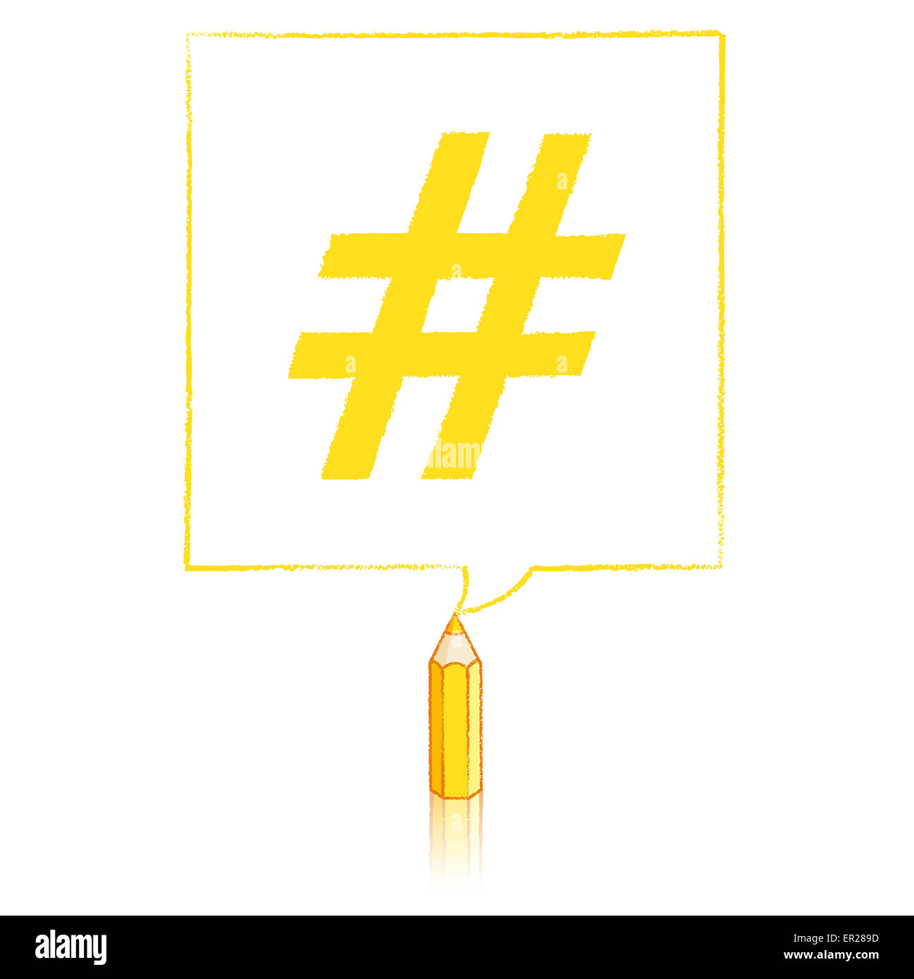 Yellow Pencil with Reflection Drawing Hashtag in Square Speech Bubble on White Background Stock Photo