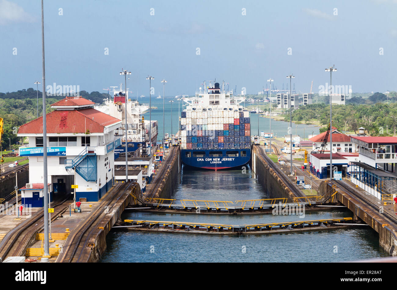 A ship going through Gatun Locks, Panama Canal. Stock Photo