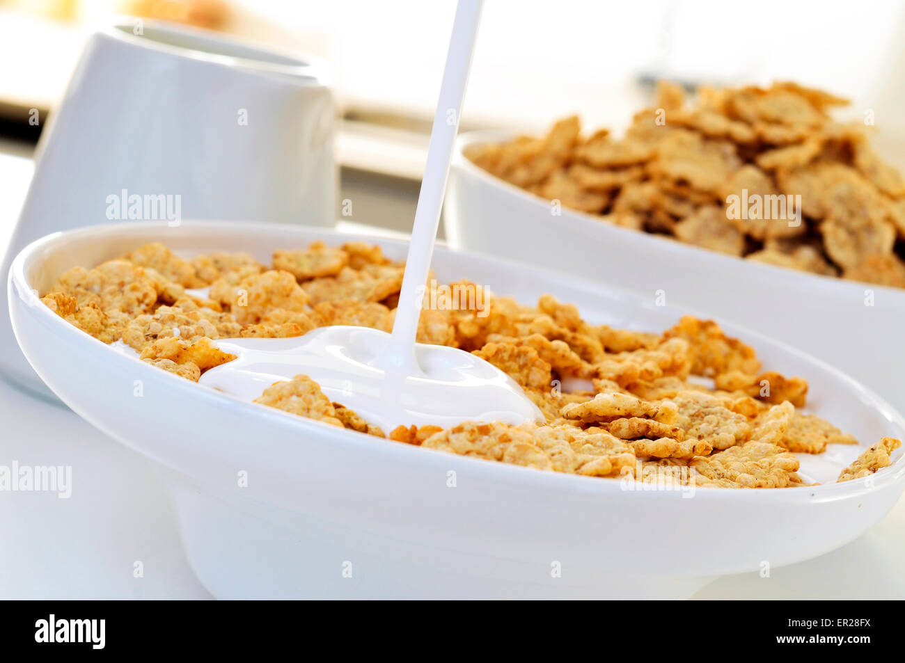 closeup of a bowl with yogurt and oatmeal cereals for breakfast on the kitchen table Stock Photo
