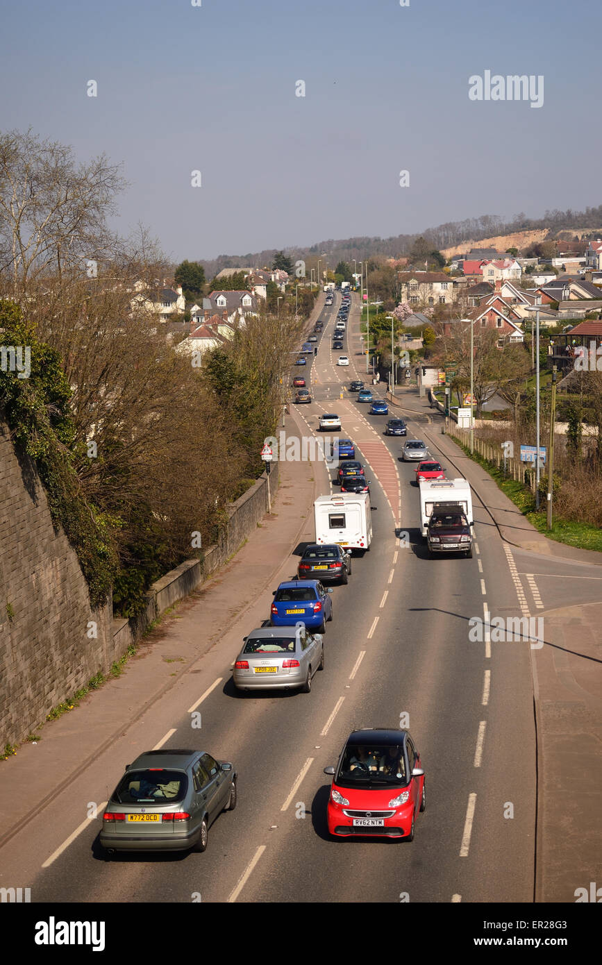 Traffic congestion along main road through village, awaiting completion ...