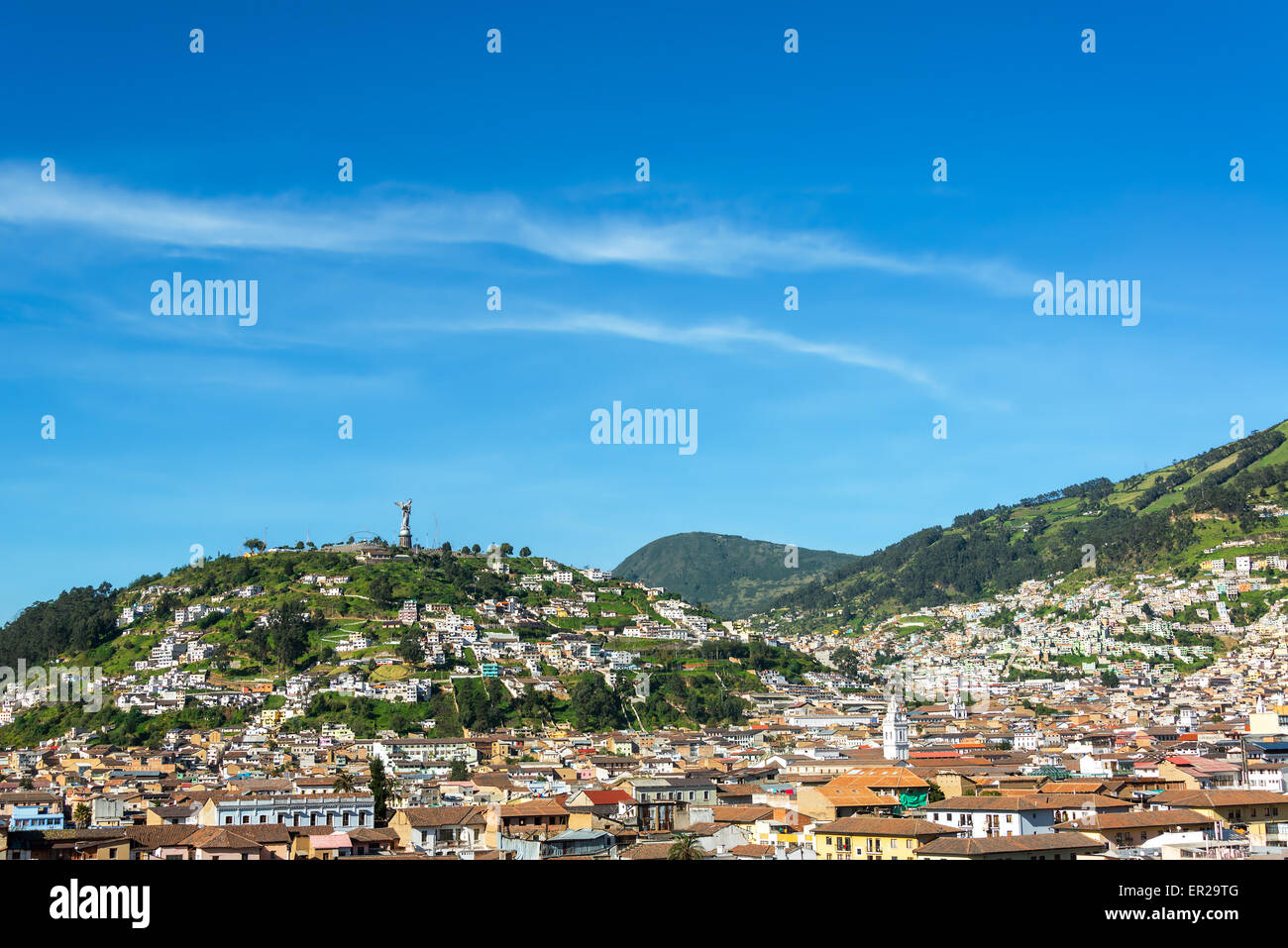 View of the historic center of Quito, Ecuador with rolling hills in the