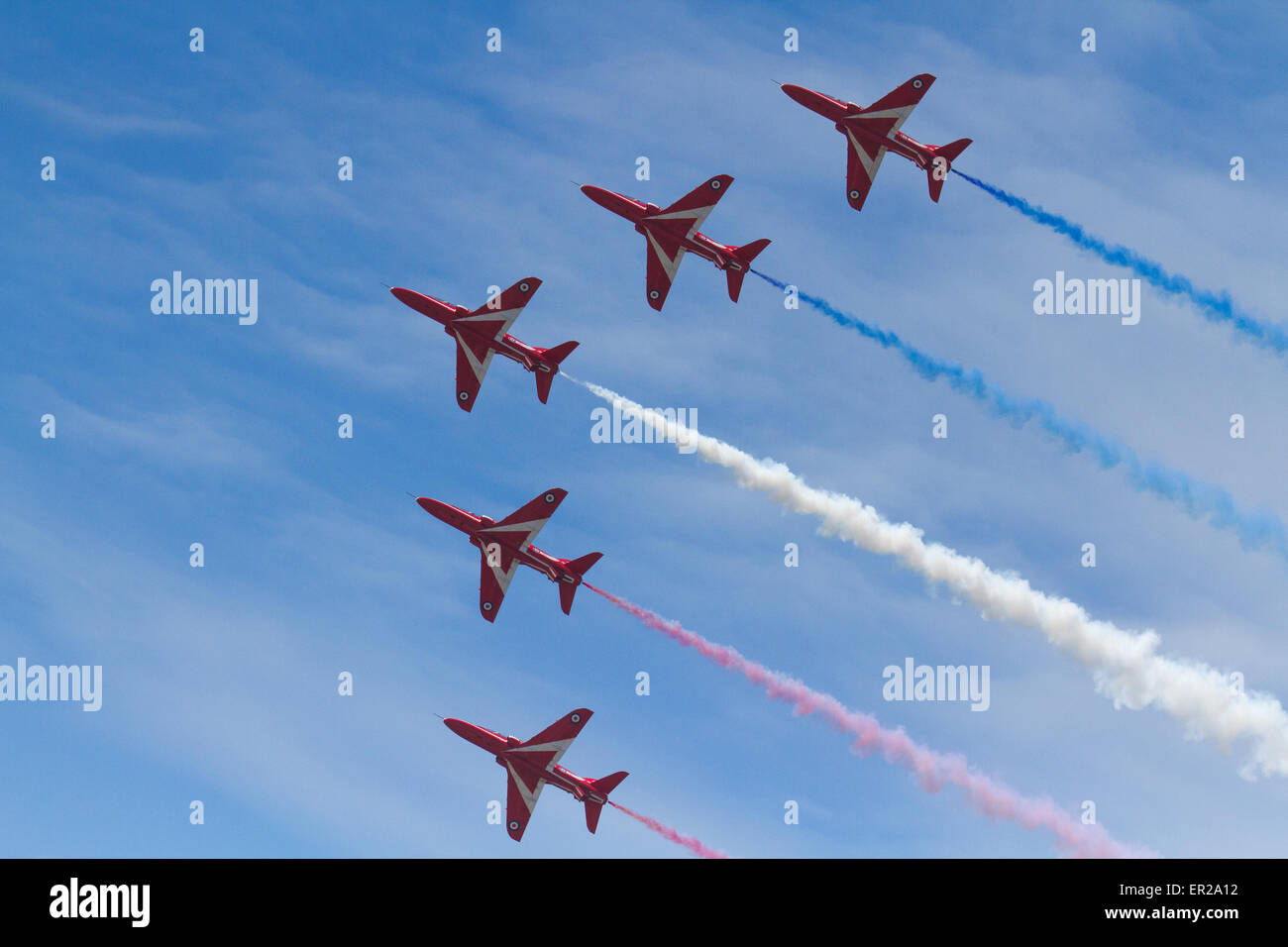 Blackpool, Lancashire, UK. 25th May, 2015. Red Arrow SkyForce Opens.    The launch of the new ride complete in Red Arrows livery,  a new airborne adventure and display. The 72 ft white-knuckle ride allows riders to spin glide, and swirl as pilots take control of their own aeroplane in formation. Stock Photo