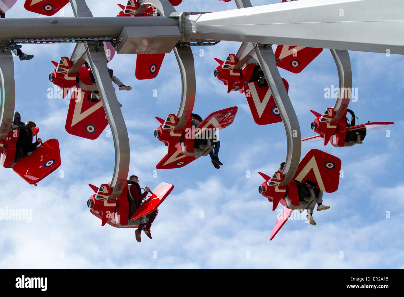 Red Arrow Sky Force Opens Blackpool Pleasure beach amusement Park Lancashire, UK. May, 2015.  The launch of the new ride, Red Arrows Skyforce, is the world's first Red Arrows Ride complete in RAF livery and is a new airborne adventure and display for riders. The 72 ft white-knuckle ride allows riders to spin glide, and swirl as pilots take control of their own aeroplane in formation. Stock Photo