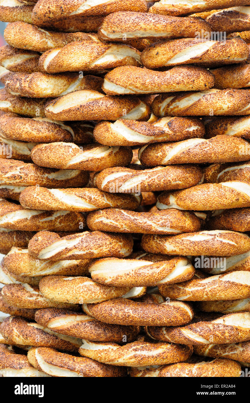 Sesame seed coated Turkish circular bread also known as simit or gevrek ...