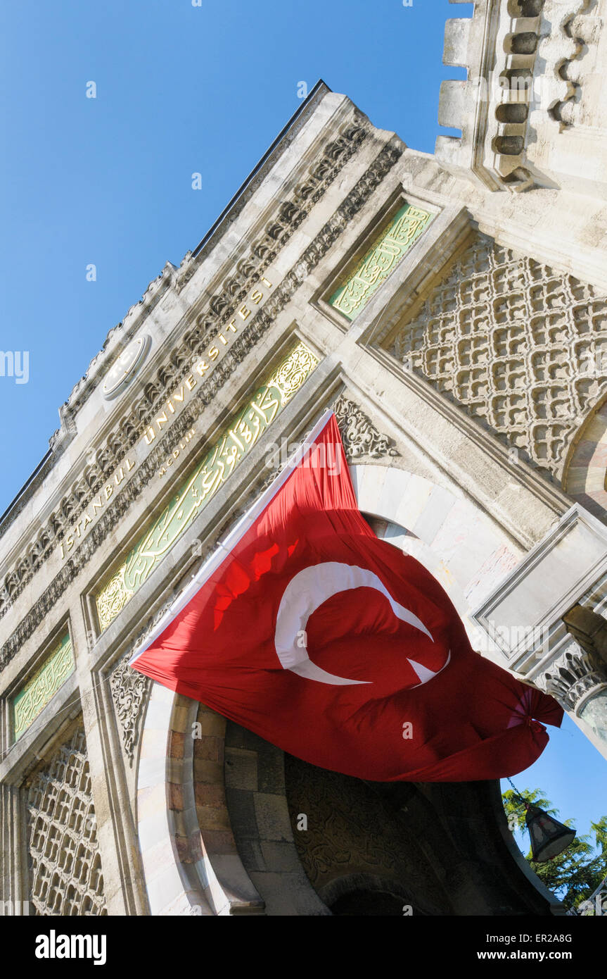 The national flag flies under the entrance to Istanbul University, Beyazıt Square, Istanbul, Turkey Stock Photo
