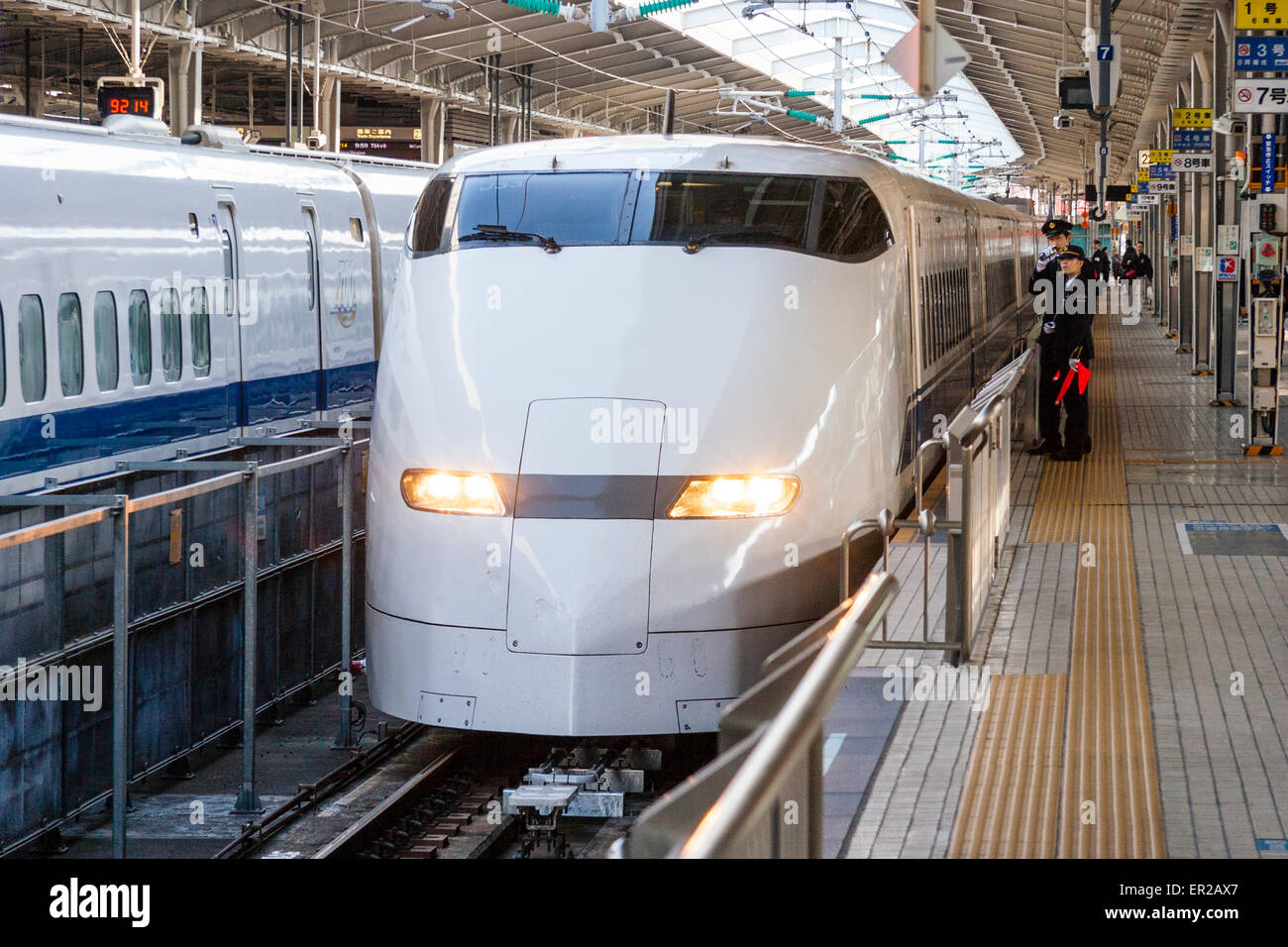 The front of a series 300 shinkansen, bullet train, waiting