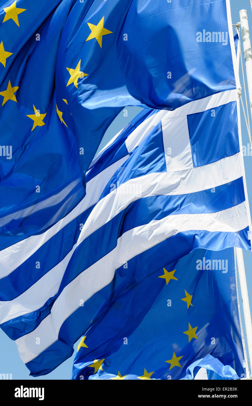 The European flag flies next to that of Greece Stock Photo