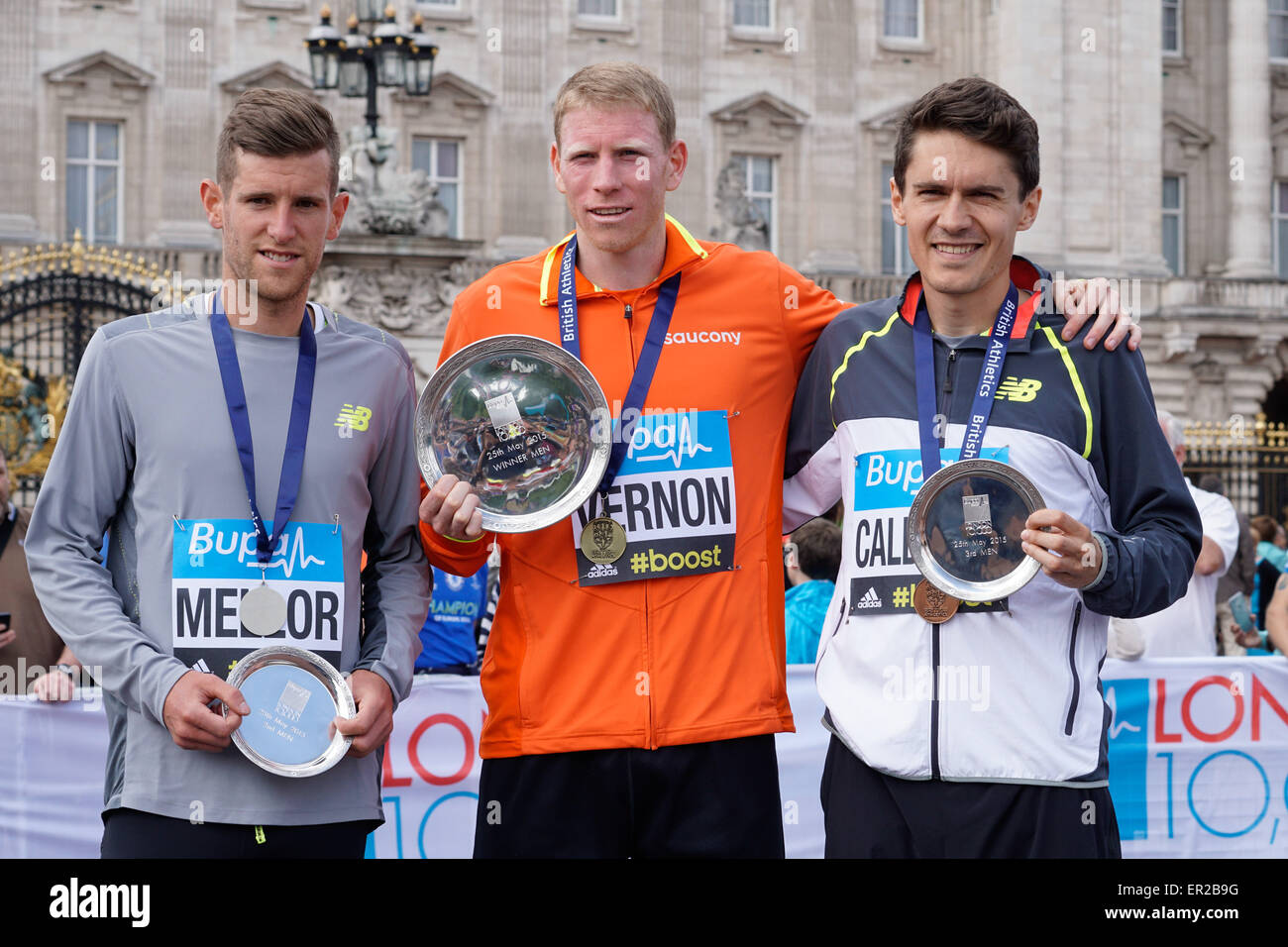 London, UK. 25th May, 2015. Men winner Jonny Mellor, Andy Vernon and Luke Caldwell of the 2015 Bupa London 10,000 at Westminster in London. Credit:  See Li/Alamy Live News Stock Photo