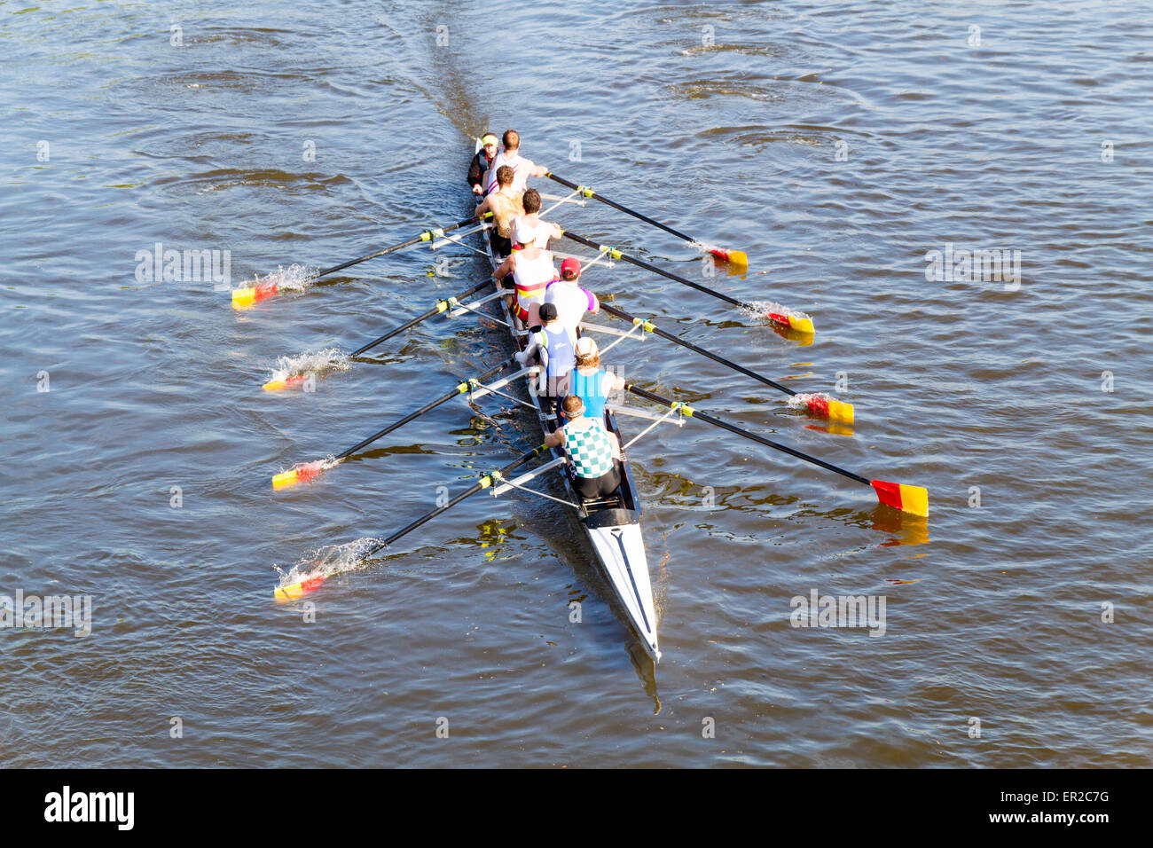 An Eight man rowing crew on the river Thames Stock Photo