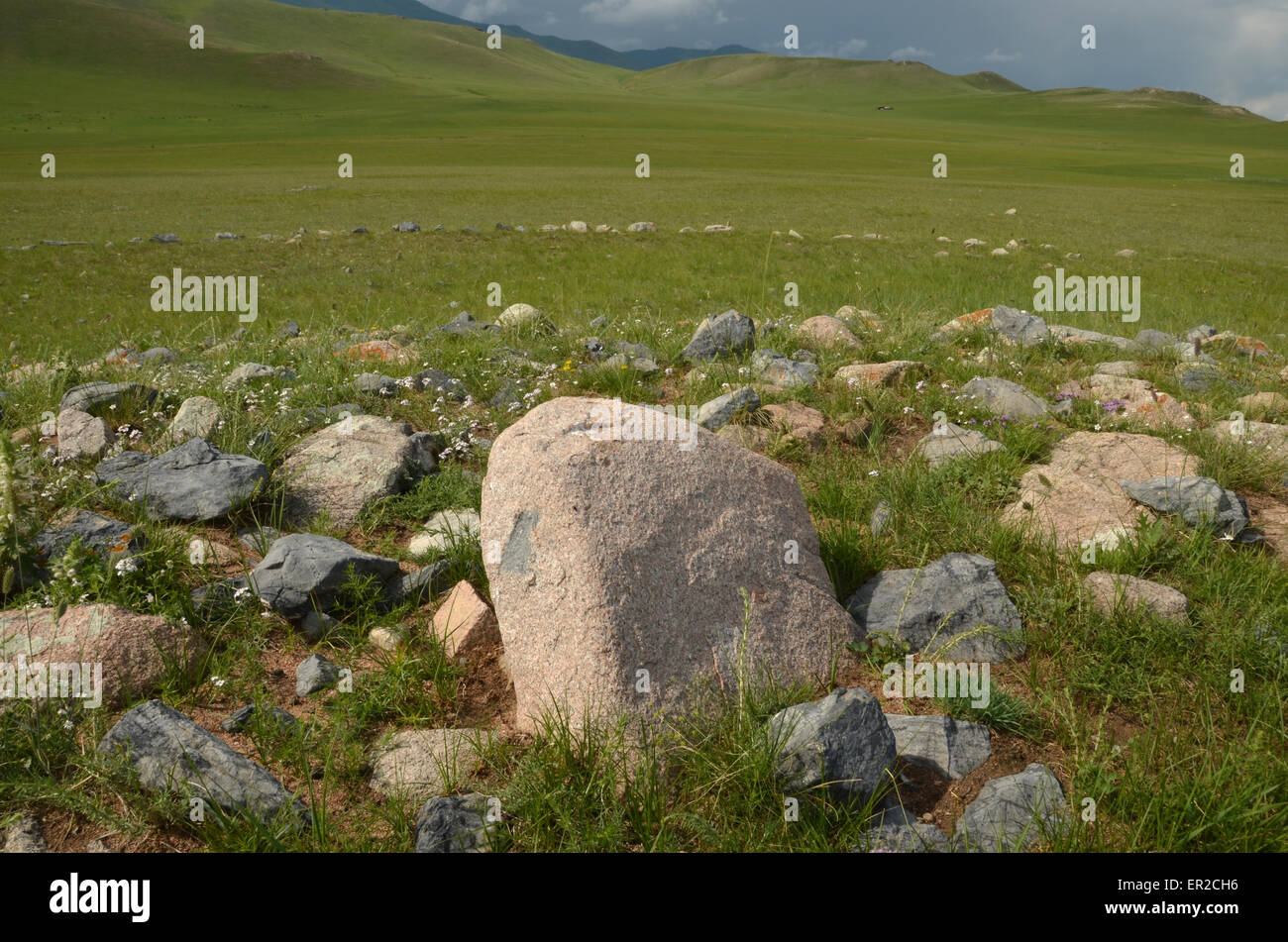 Burial mound near the city of Moron, Ovsgol province, northern Mongolia. Stock Photo