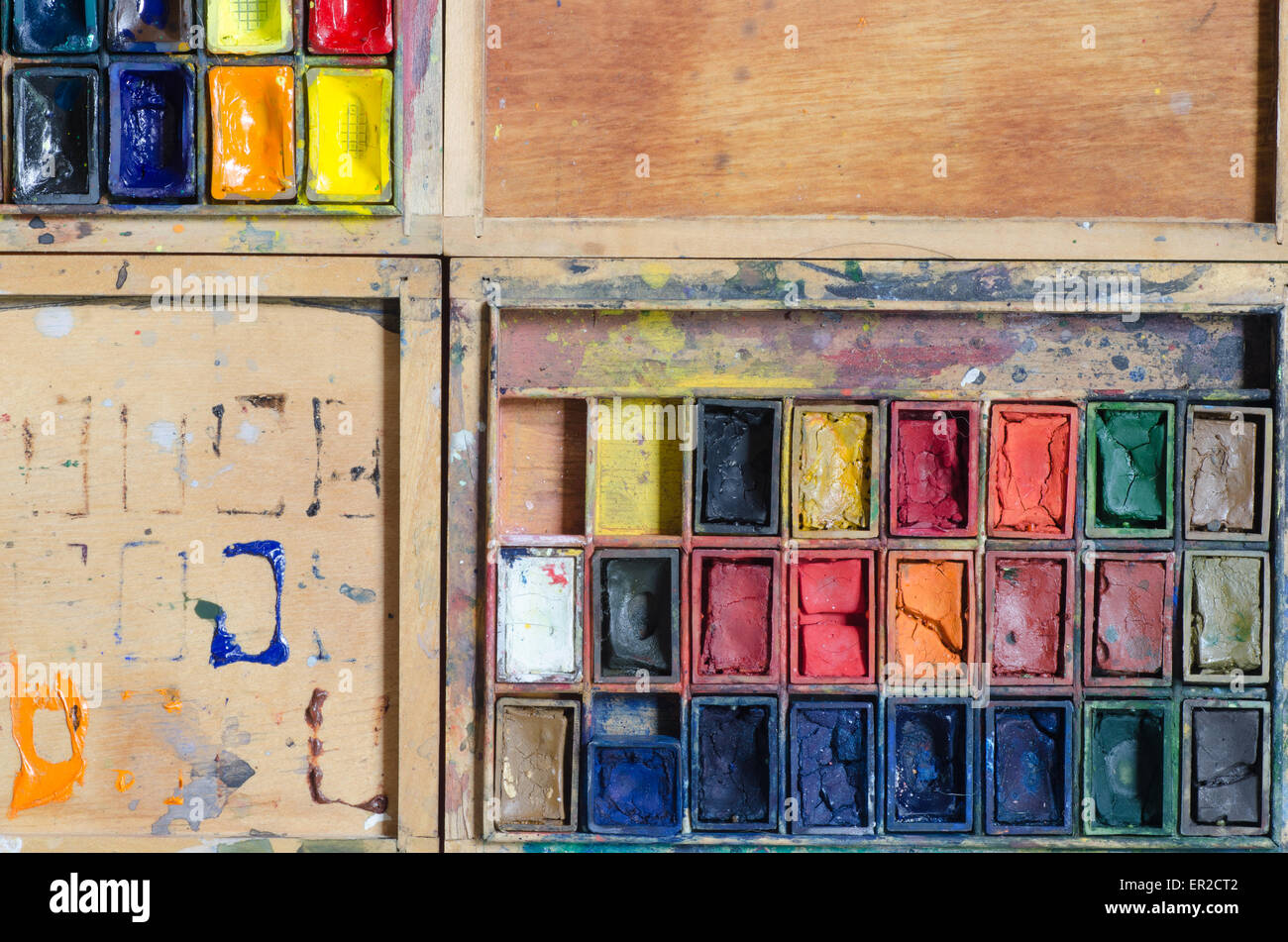 wooden palette of watercolor paints Stock Photo