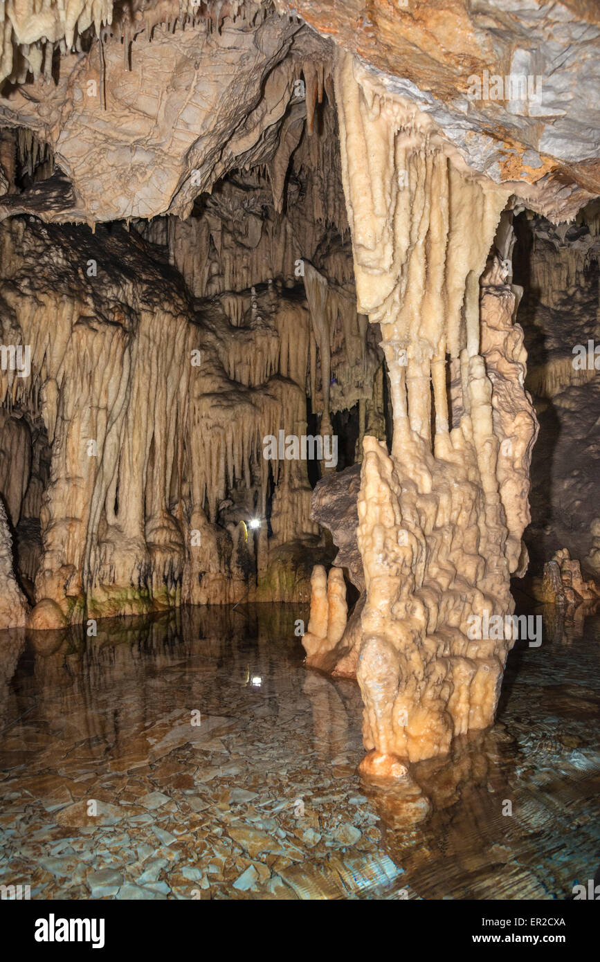Calcium carbonate deposits, stalactites,  in Diros cave near Pirgos Dirou in the Deep Mani, Southern Peloponnese, Greece Stock Photo