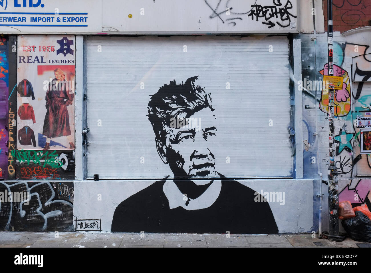 Street art rendering of David Lynch by Mr Degri in Grimsby Street, Shoreditch, East London, England. Stock Photo