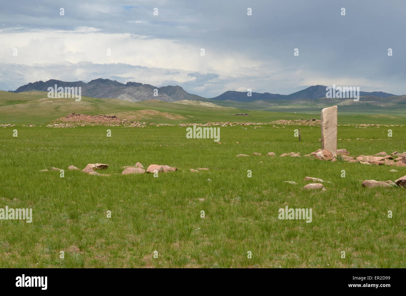 Deer stones and burial mounds near the city of Moron, Ovsgol province, northern Mongolia. Stock Photo