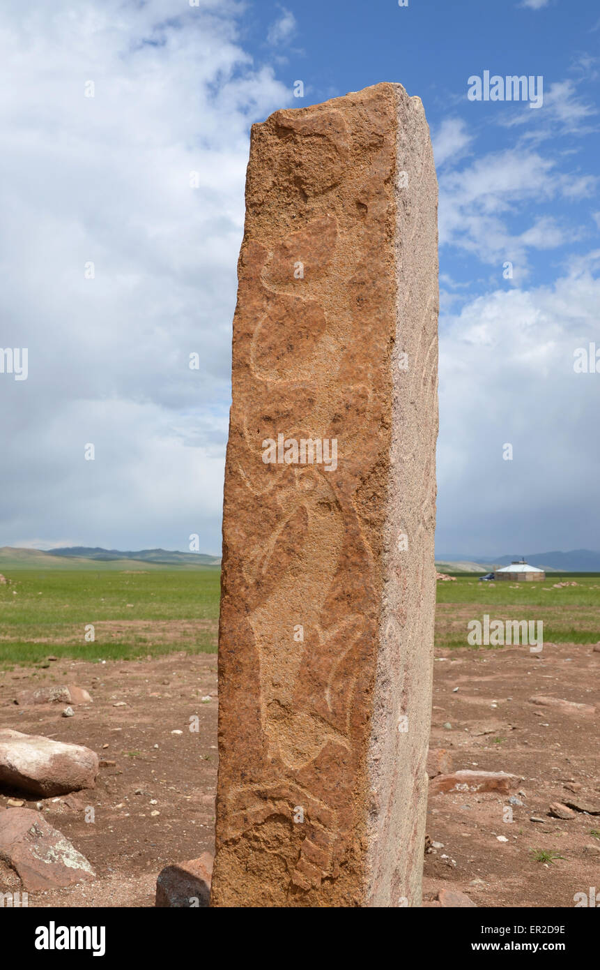 Deer stone near the city of Moron, Ovsgol province, northern Mongolia. Stock Photo