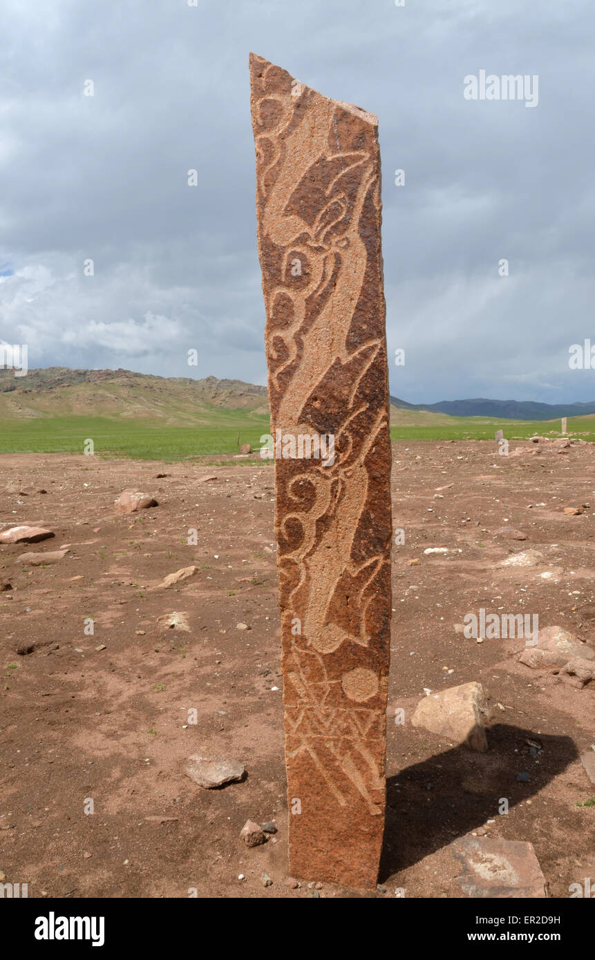 Deer stone near the city of Moron, Ovsgol province, northern Mongolia. Stock Photo