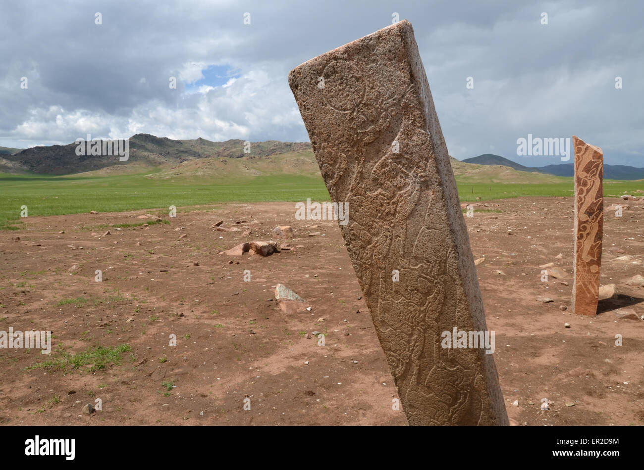 Deer stones near the city of Moron, Ovsgol province, northern Mongolia. Stock Photo