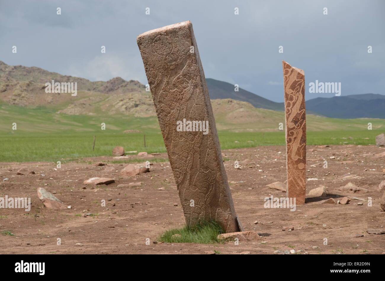 Deer stones near the city of Moron, Ovsgol province, northern Mongolia. Stock Photo