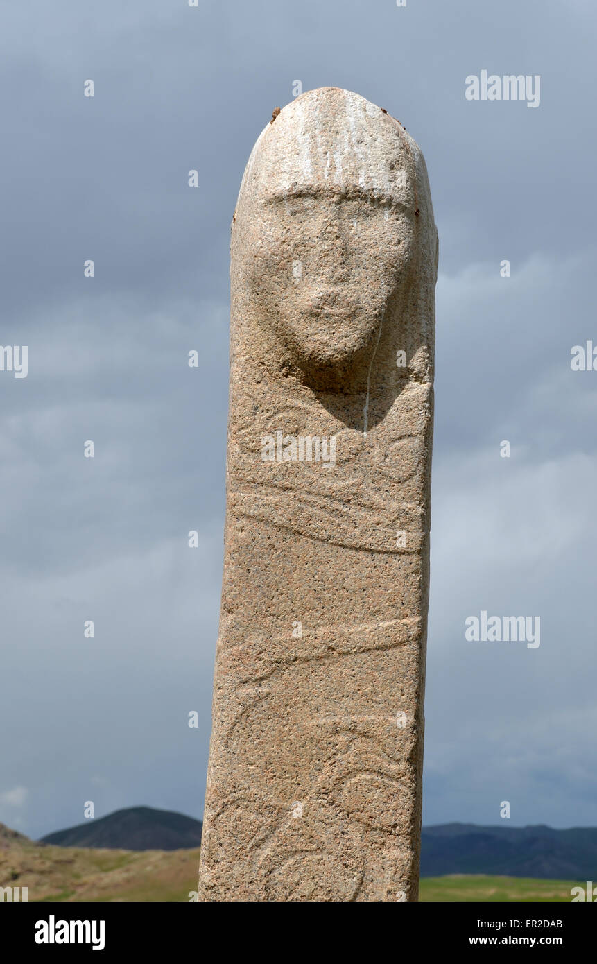 Detail of a deer stone with a human face near the city of Moron, Ovsgol province, northern Mongolia. Stock Photo