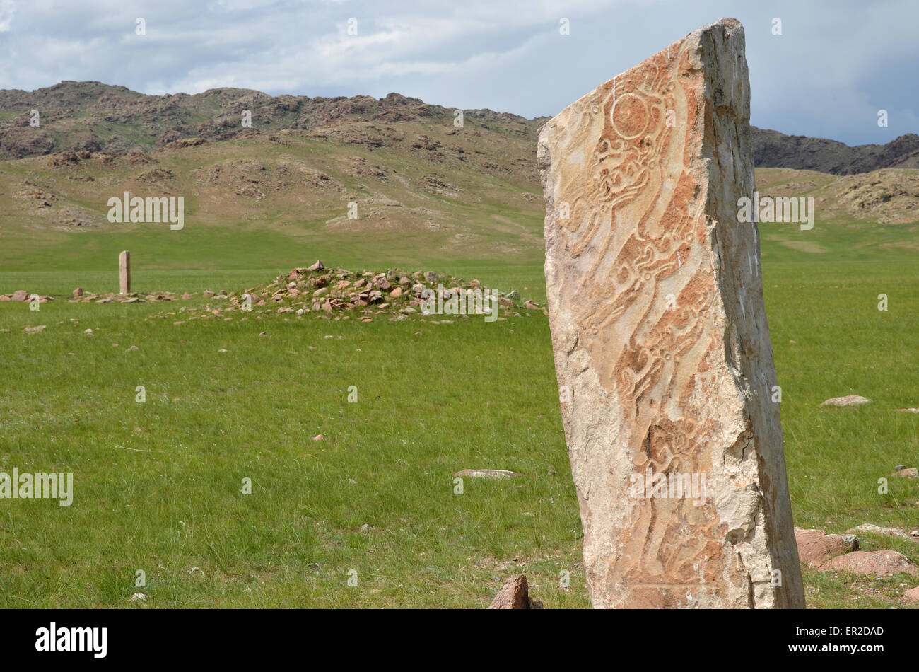 Deer stones and burial mounds near the city of Moron, Ovsgol province, northern Mongolia. Stock Photo