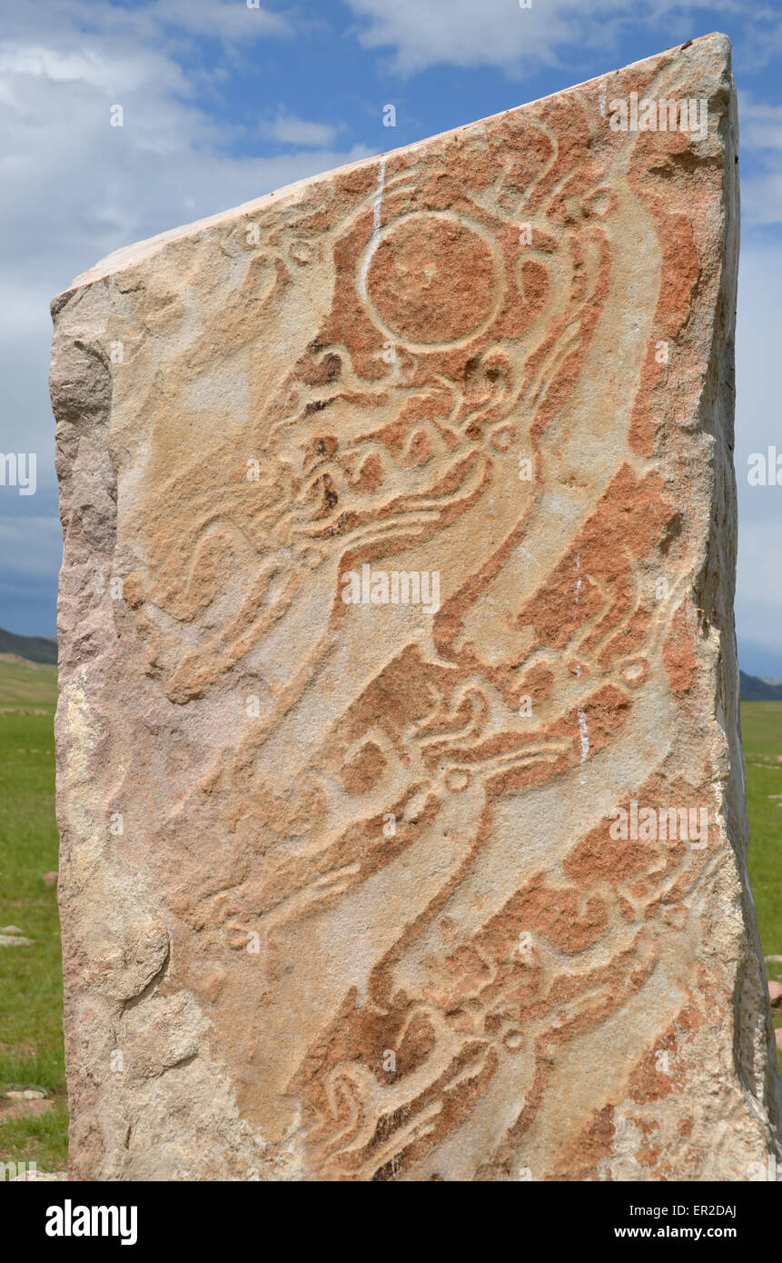 Detail of a deer stone near the city of Moron, Ovsgol province, northern Mongolia. Stock Photo