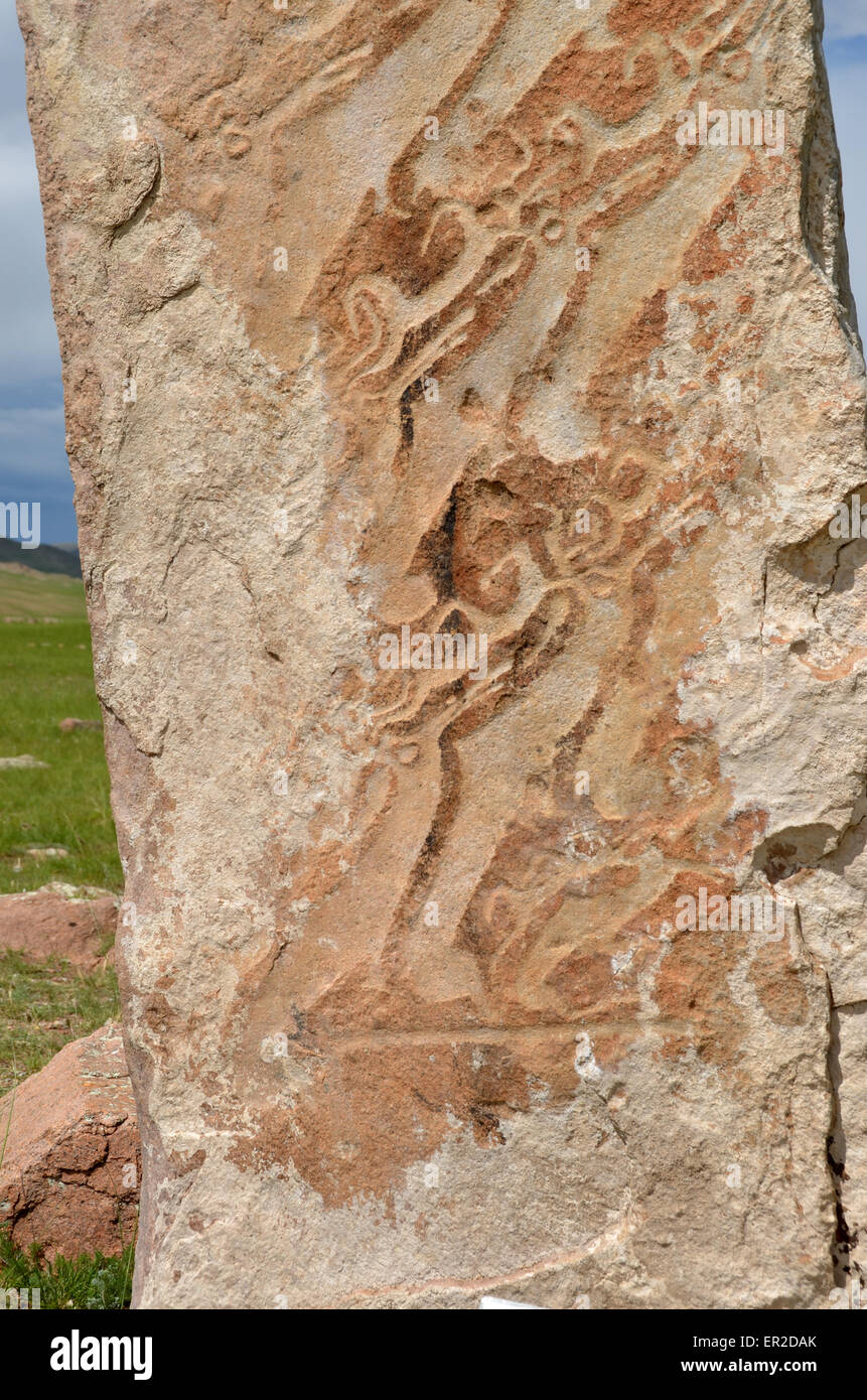 Detail of a deer stone near the city of Moron, Ovsgol province, northern Mongolia. Stock Photo