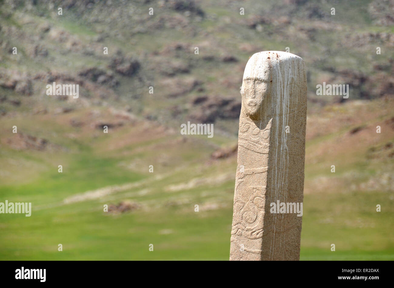 Detail of a deer stone with a human face near the city of Moron, Ovsgol province, northern Mongolia. Stock Photo