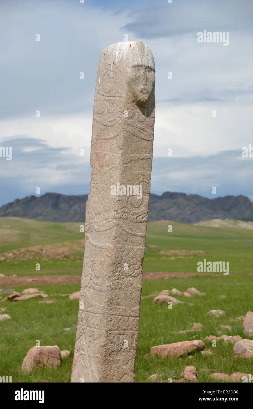 Deer stone with a human face near the city of Moron, Ovsgol province, northern Mongolia. Stock Photo