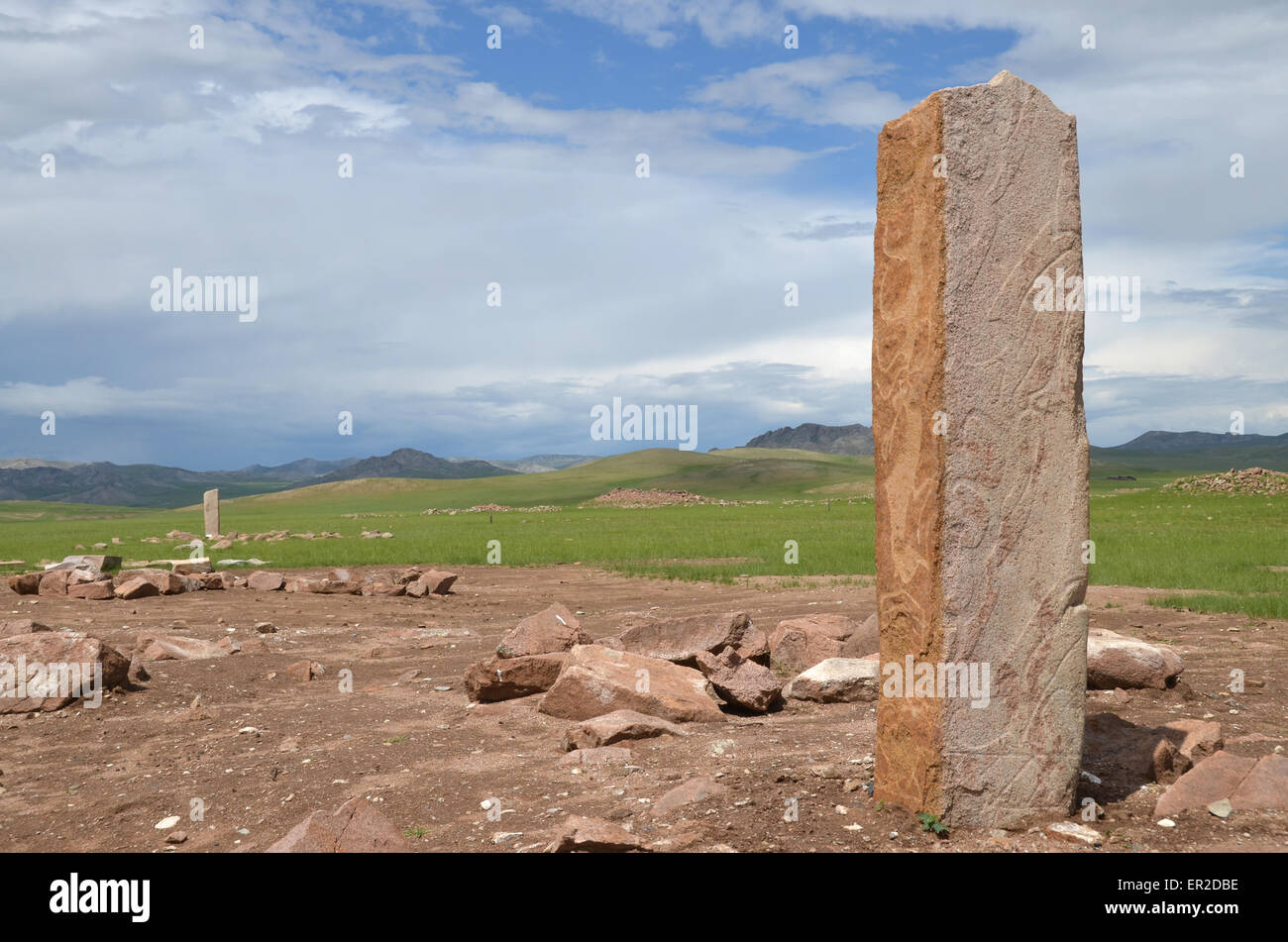 Burial mounds and deer stones near the city of Moron, Ovsgol province, northern Mongolia. Stock Photo