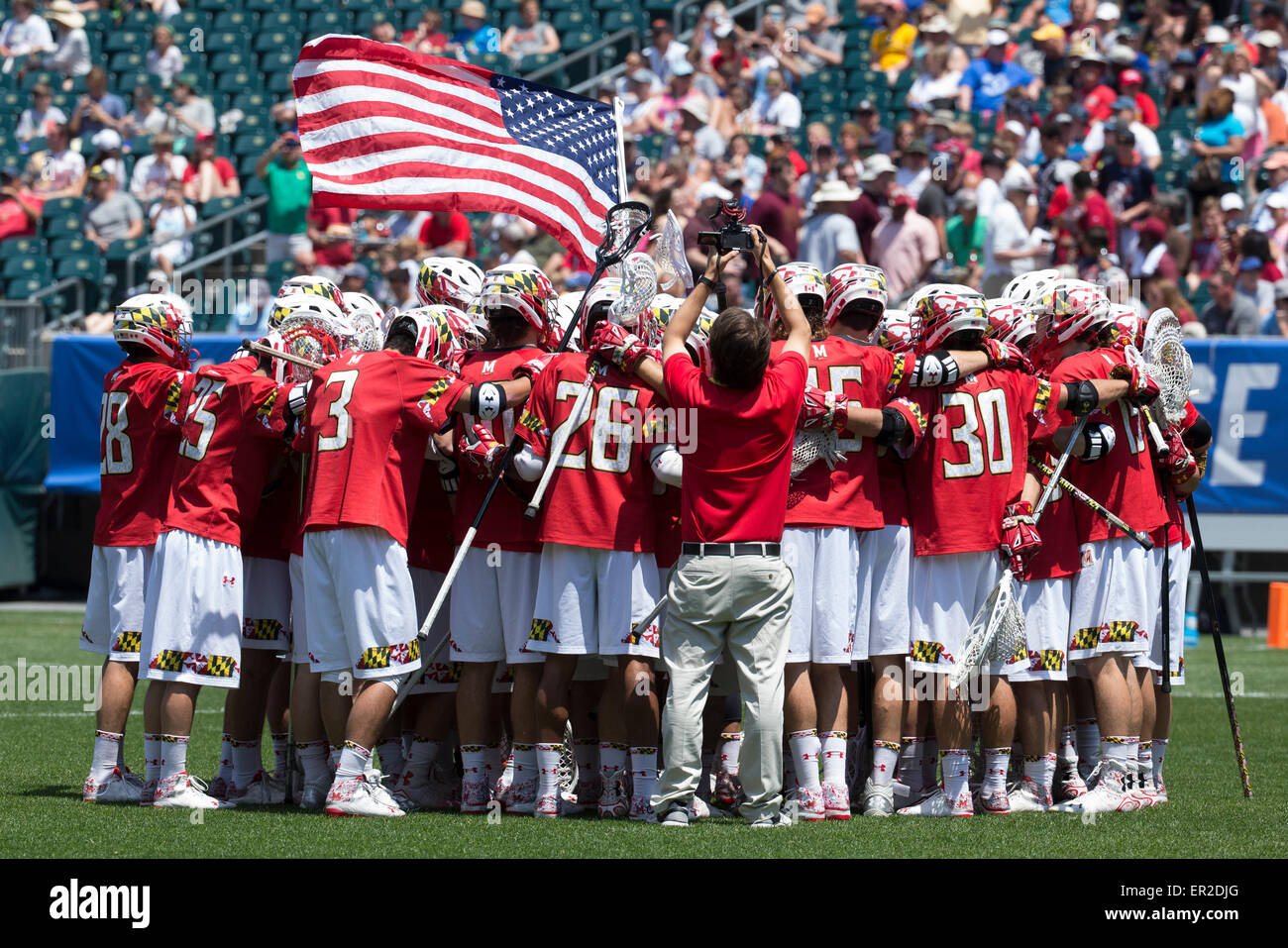 May 25, 2015: Maryland Terrapins huddle up prior to the championship in the NCAA Division I men's lacrosse tournament between the Maryland Terrapins and the Denver Pioneers at Lincoln Financial Field in Philadelphia, Pennsylvania. Christopher Szagola/CSM Stock Photo